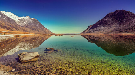 Obraz premium river flowing through a dreamlike landscape where the water shimmers in shifting rainbow hues 