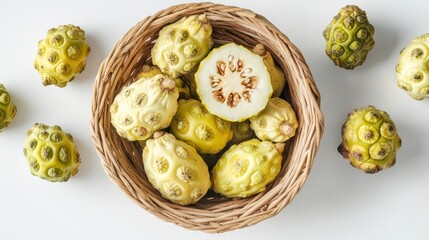 Fresh Noni fruits in a basket, white background, healthy food (1)