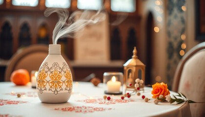 Diffuser on a table, warm lighting, festive