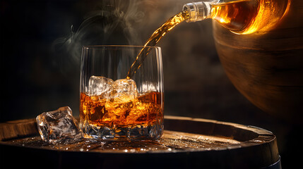 Whiskey pouring into a glass, ice cubes, wooden barrel, dark background