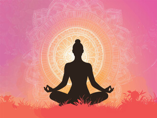 Yoga class template layout. Illustration of a silhouette of a woman in a yoga lotus position. Relaxation, chakras, spiritual meditation art. Yoga art concept design for banner, cover, print, flyer.