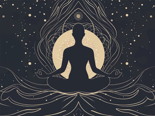 Yoga class template layout. Illustration of a silhouette of a woman in a yoga lotus position. Relaxation, chakras, spiritual meditation art. Yoga art concept design for banner, cover, print, flyer.