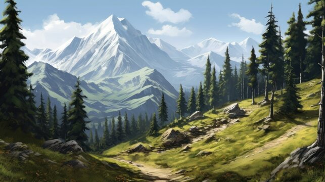 A serene mountain landscape with pine trees, perfect for a family hiking adventure during the summer