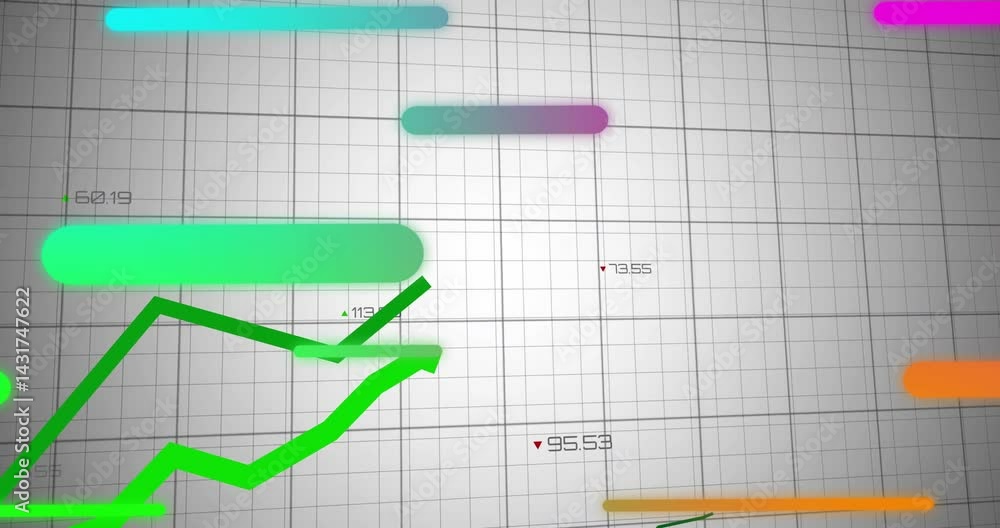 Poster data visualization being animated in flat design, with bright green line graph and gradient bars