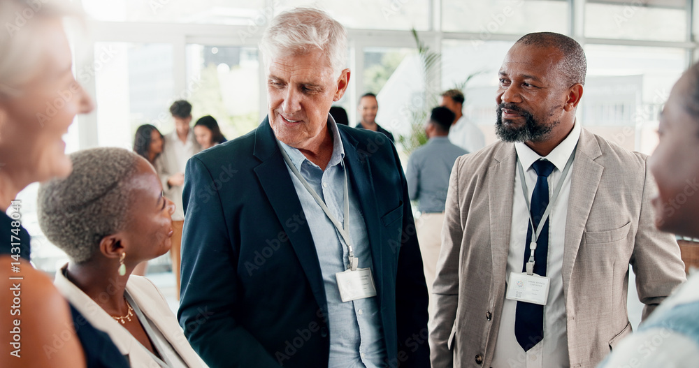 Aufkleber conference, team and networking with business people at event for global forum, investor summit and 