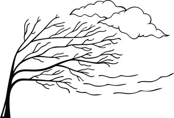 Line Art Illustration Of Tree Bending In The Wind With Clouds Above