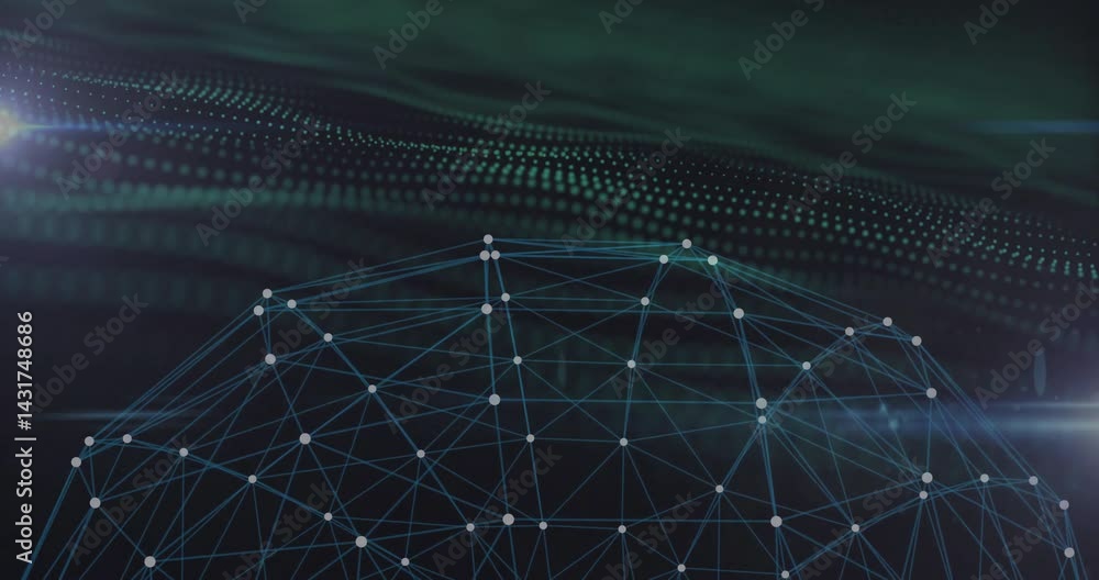 Poster digital hemispherical network mesh linking glowing nodes and dotted particle wave flowing overhead