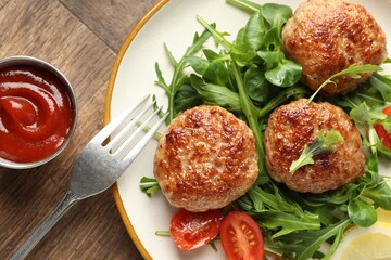 Delicious patties with greens, tomato and ketchup on wooden table, flat lay