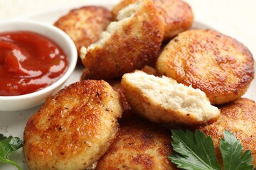 Tasty patties, parsley and ketchup on white table, closeup