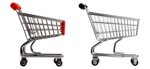 set of two single silver shopping cart with a red handle isolated on a transparent background	