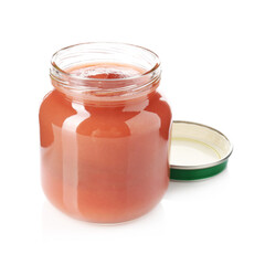 Baby food. Tasty puree in glass jar isolated on white