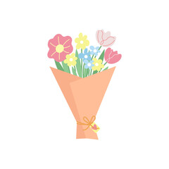 Vector illustration of pastel flower bouquet in gift wrap. Hand drawn spring floral arrangement with tulips, daisies and wildflowers tied with ribbon. Perfect for cards and celebration design. 