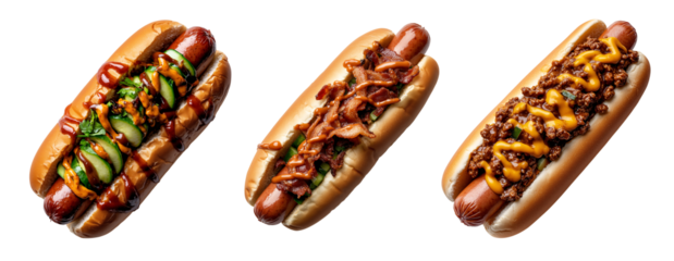 set of op view of a long hot dog in a bun with relish, onions, and mustard isolated on a transparent background	