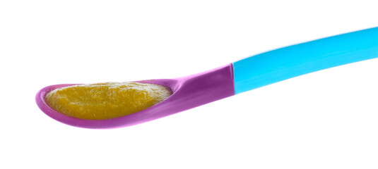 Baby food. Tasty puree in spoon isolated on white
