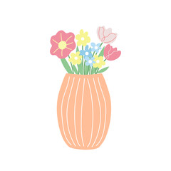 Vector illustration of pastel flower bouquet in a decorative vase. Hand drawn spring floral arrangement with tulips, daisies and wildflowers in soft colors. Elegant home decor clipart. 