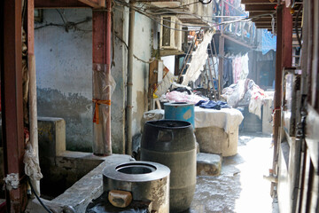 laundry area at the dhobi ghat slum in mumbai