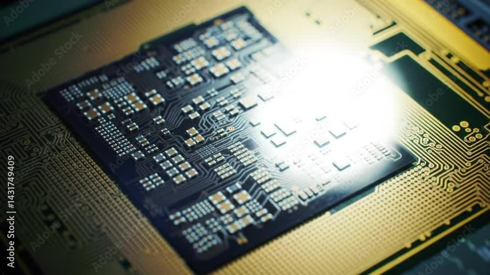 Poster close-up view of a sophisticated microchip circuit board detailed golden traces and integrated compo