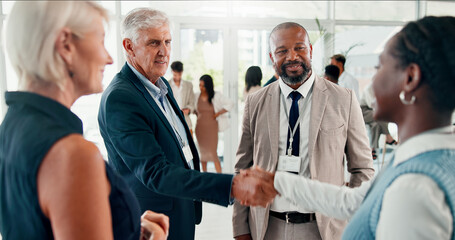 Conference, handshake and meeting with business people at event for global forum, investor summit...