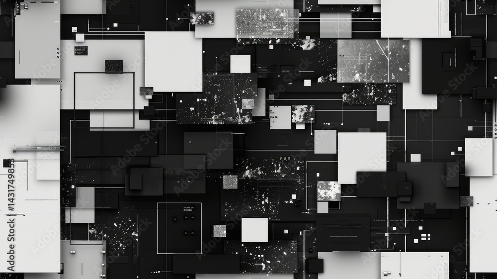 Aufkleber the abstract picture of glitch circuit in square shape sketched by black color use shading to expres