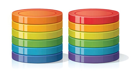 "Stacked rainbow cylinders with gloss effect and shadows"
