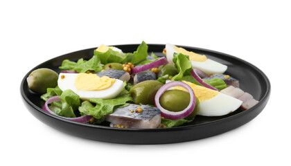 Delicious salad with herring, egg, mustard and vegetables on white background