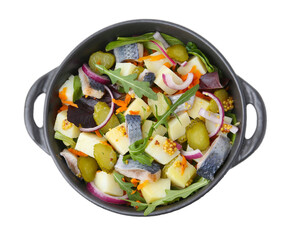 Delicious salad with herring, vegetables and mustard in bowl isolated on white, top view