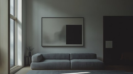 Minimalist living room interior design with a large art piece.