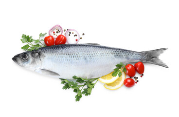 Salted herring, spices and tomatoes on white background, top view