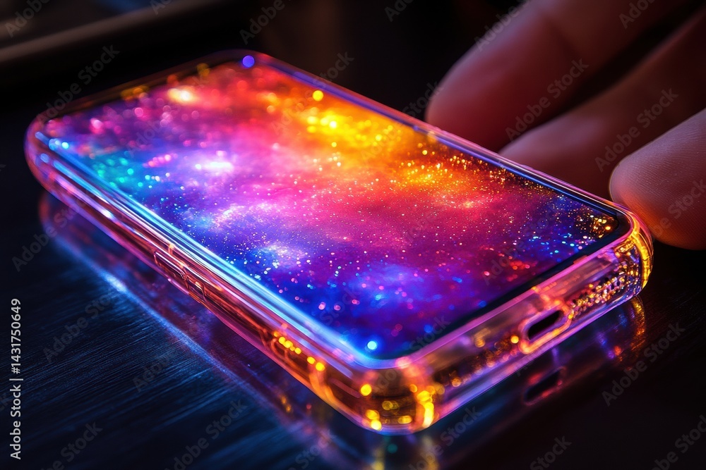 Poster a close-up shot of a phone's reflective and colorful galaxy-patterned screen.