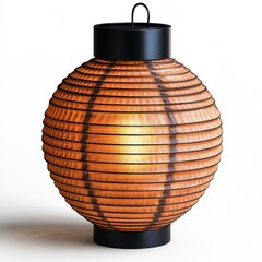 A round, orange paper lantern with black accents, illuminated from within, on a white background.