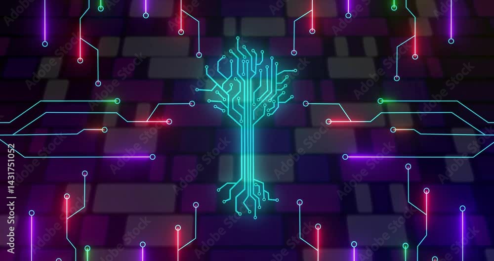 Poster glowing circuit-tree symbol spreading neon branches over dark mosaic tile pattern, flat 3d render
