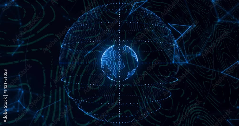 Poster digital globe rotating in animated 3d render, showing glowing dot matrix with floating data rings