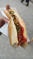 Street-style hot dog with grilled sausage, onions, ketchup and herbs in a bun. This image reflects fast food culture and casual outdoor dining