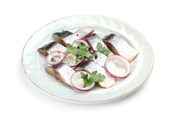 Pieces of delicious herring with spices and parsley isolated on white