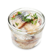 Pieces of delicious herring with dill in jar isolated on white