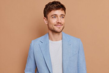 confident person in formal attire showing positive emotions facing forward against smooth solid background