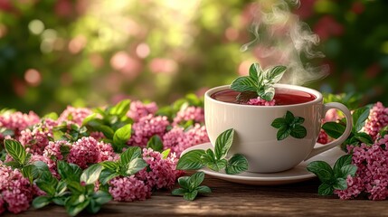 Warm herbal tea in spring blossoms