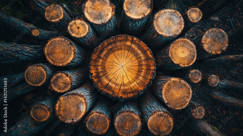 Poster aerial view of cut tree logs arranged in a circular pattern, showcasing the intricate rings of the t