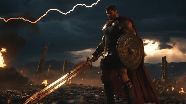 The aftermath of battle: A warrior stands amidst the ruins, his sword bloodied and a storm raging above. A powerful image conveying strength and resilience.