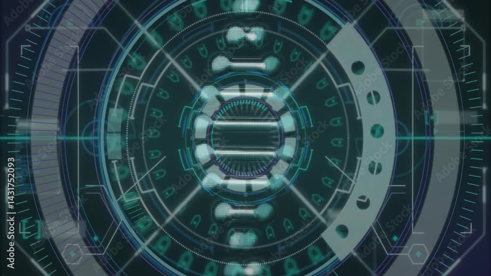 Poster central circular interface rotating, featuring segmented arcs, glowing data nodes, padlock icons