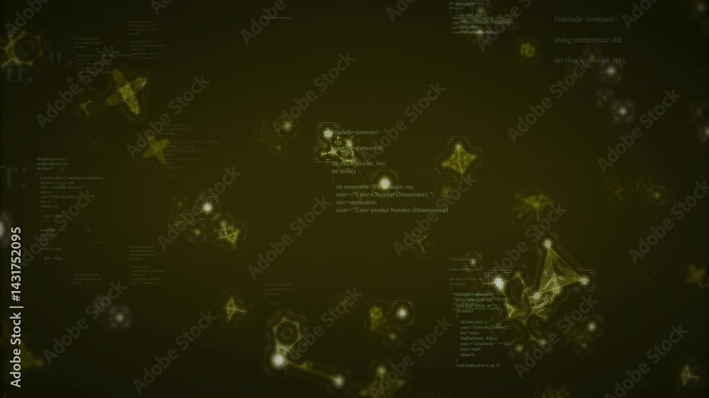Poster central cluster of c++ code snippets floating in dark cyber space, showing glowing node connections