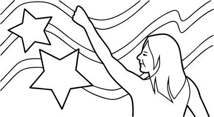 Line Art Woman Raising Fist With Stars And Stripes Background Illustration
