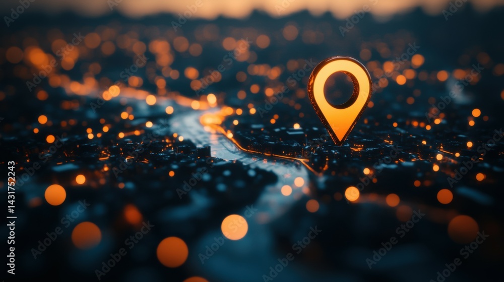 Poster a futuristic city map with glowing neon lights and a location pin marker, representing advanced navi