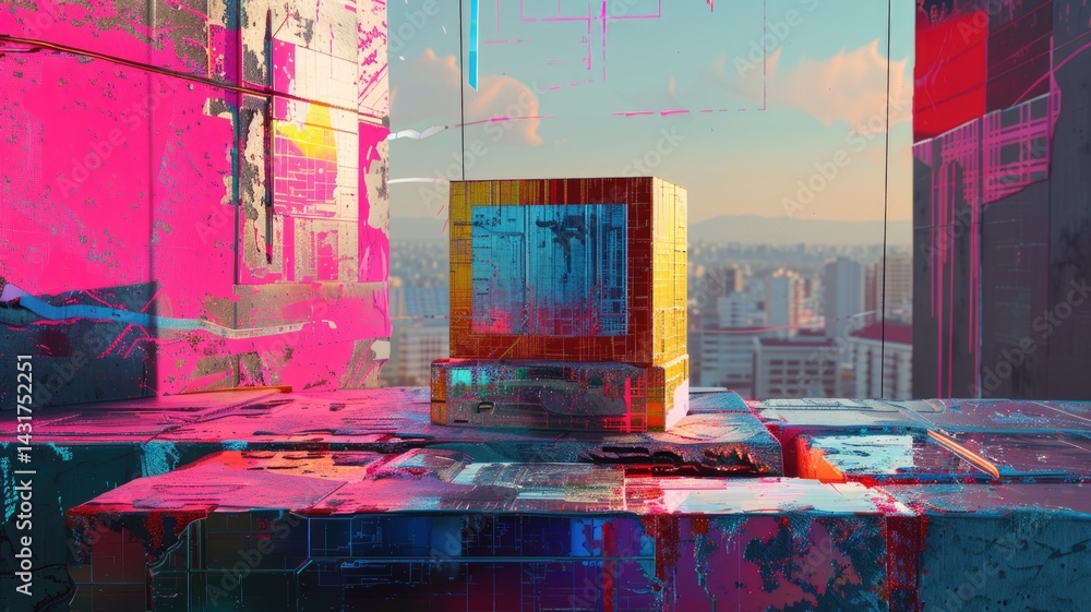 Poster abstract digital cubes with pink and blue glowing effects. digital artwork of 3d rendering geometric