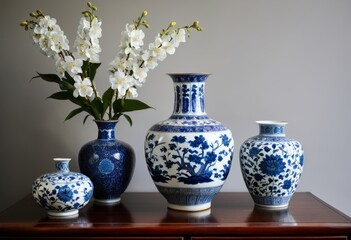 On one table there are three vases with flowers inside