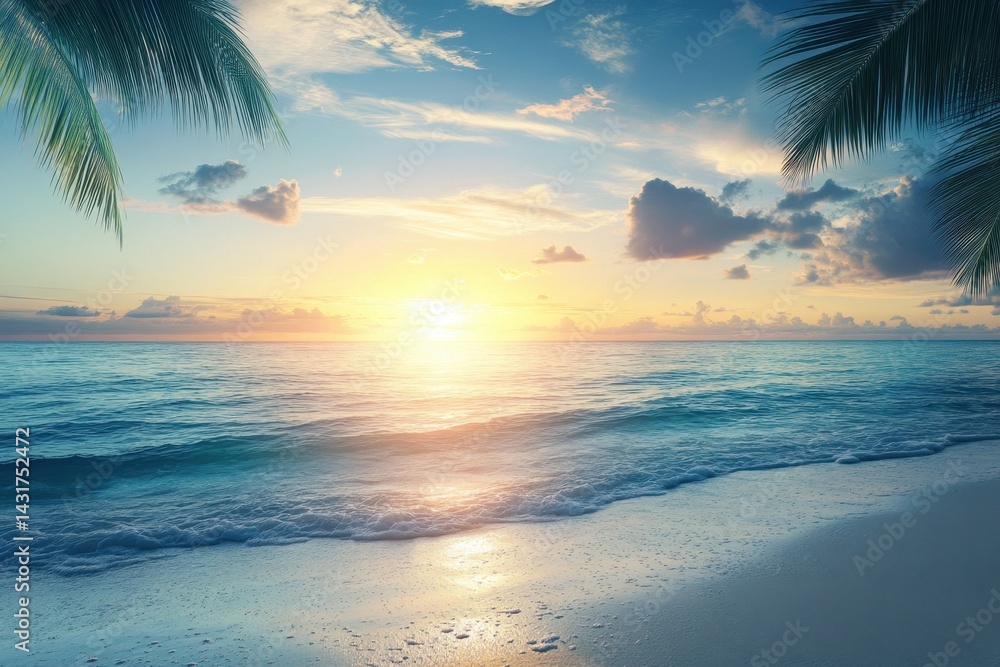 Poster sunset over the tranquil ocean with palm trees in a serene beach setting
