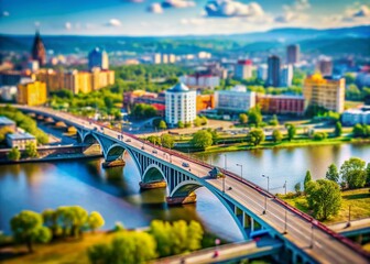 Obraz premium Miniature Krasnoyarsk Communal Bridge: Tilt-Shift Cityscape
