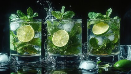 Mojito cocktails with lime, mint, and ice.
