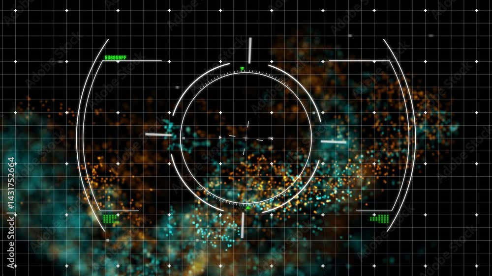 Poster futuristic hud targeting reticle hovering on cosmic backdrop, displaying grid overlay and code