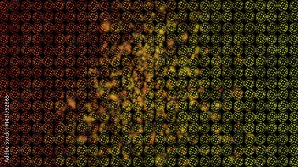 Poster abstract grid pattern showing rotating diamonds inside circular icons over vibrant gradient
